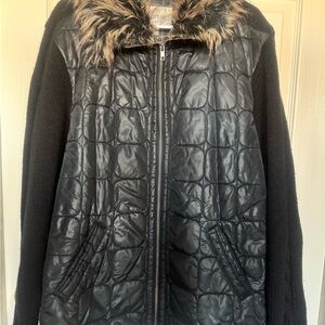 Avenue Black Sweater Jacket with Faux Fur Trim